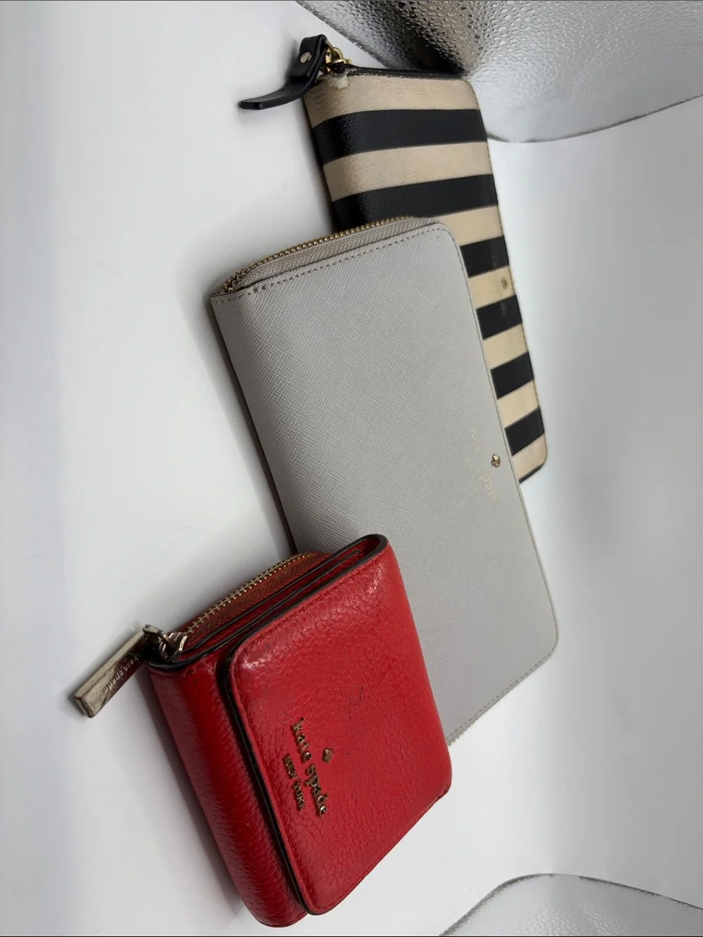kate spade Red Leather Zip Card Holder with Gray and Black-Striped Wallets